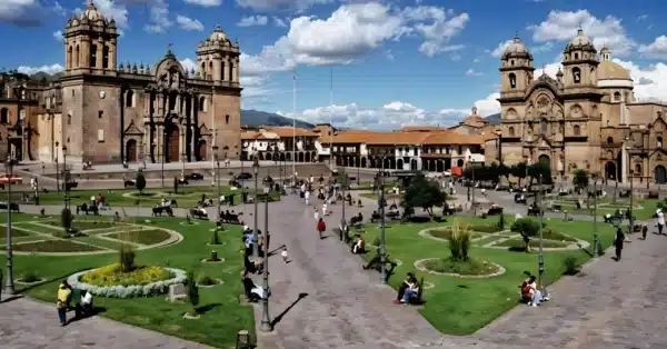 latin american park with heritage churches